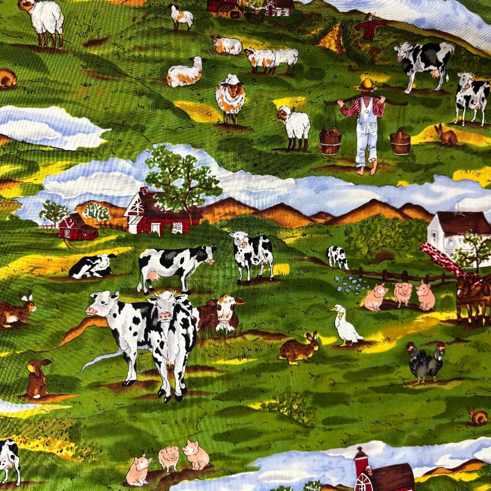 2/3 yds Alexander Henry Cotton Fabric Farm Country Cows Pigs Sheep Scenic Quilt